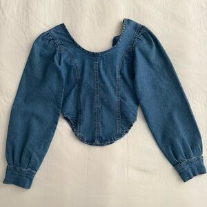 Mid Blue Wash Puff Sleeve Denim Corset Top Xs